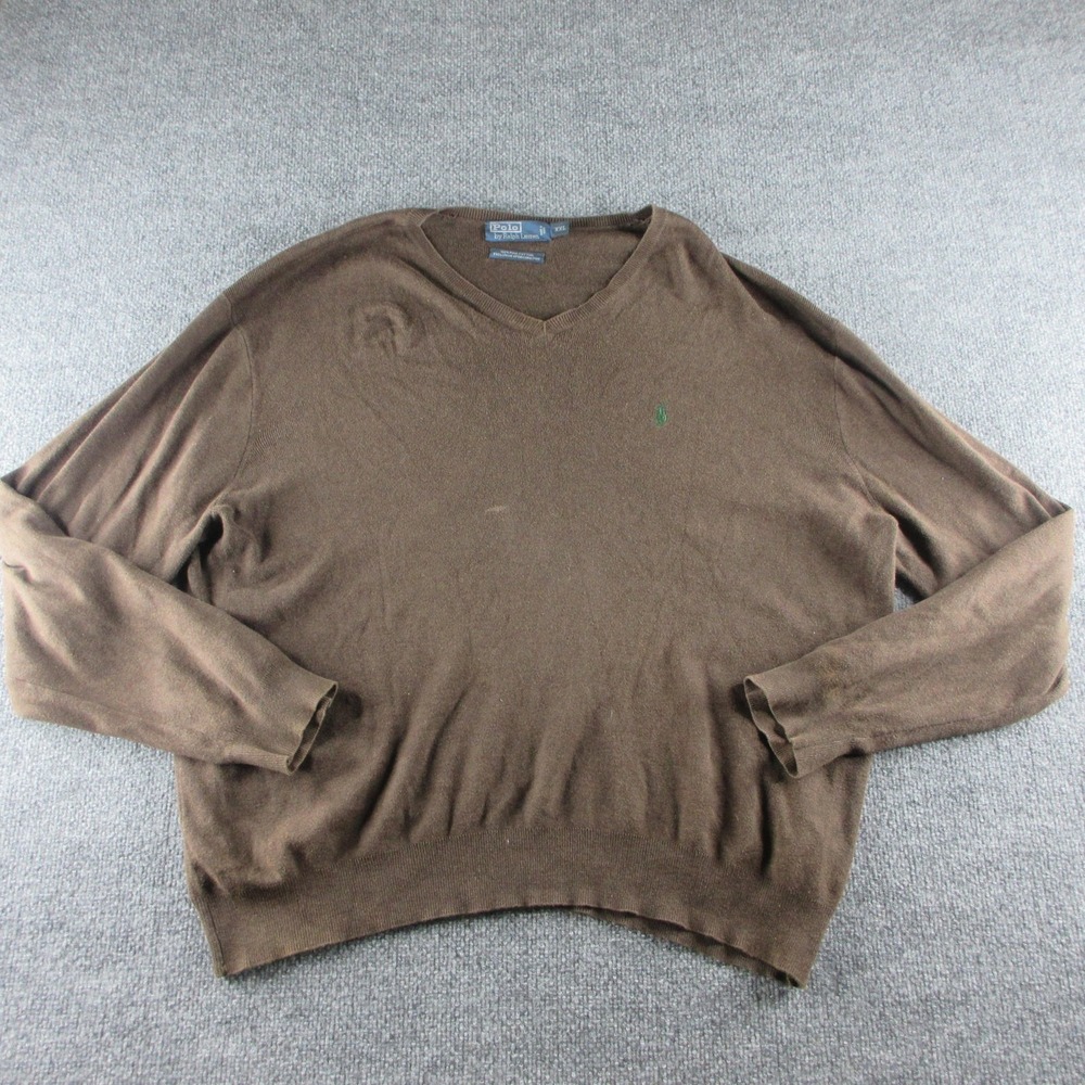 Polo Ralph Lauren Sweater Mens 2XL Brown Pima Cotton V Neck Knit Pullover